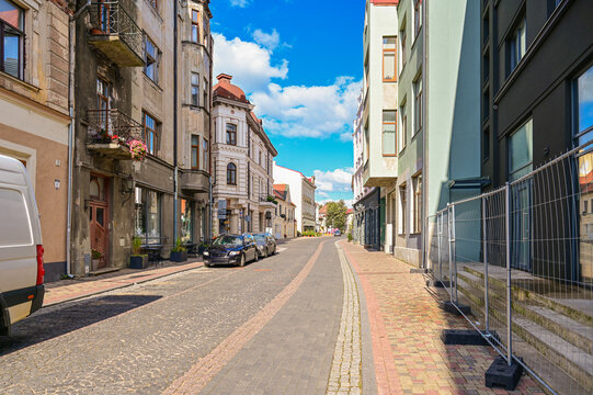 The historic old town of the Latvian city of Cēsis, 
Cēsis pilsēta, Cēsis District, on a summer day with blue skies, a popular tourist destination in Latvia