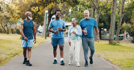 Group, people and walking for fitness outdoor of mobility training, discussion and morning routine. Smile, senior community and coach laughing for exercise joke, funny chat and cardio workout at park