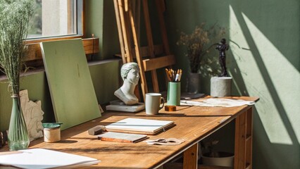 A sunlit art workspace featuring scattered art supplies, a classical bust, sketchbooks, and natural decor on a wooden desk. Studio room cluttercore