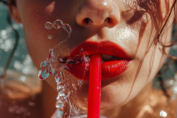 araffe with a red straw and a red lipstick is drinking water