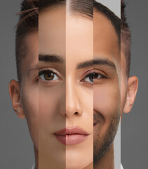 Human face made of photos of different people. Collage of portraits of men and women of various...