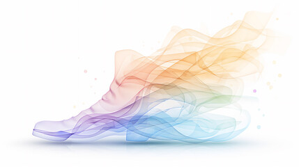 A vibrant, rainbowcolored smoke is gracefully emitting from a shoe positioned against a clean, white background, creating an artistic visual