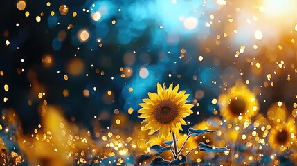 Fototapeta premium Single sunflower in field, sunset bokeh, nature, summer card