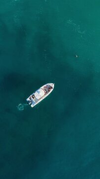 Aerial view of a boat in the blue ocean and people swim around in Hawaii top-down drone