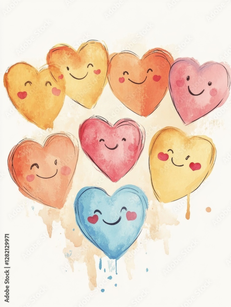 Leinwandbilder Cheerful watercolor hearts creating a vibrant display of happiness and joy among an array of smiling expressions. Generative AI