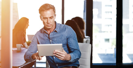 Research, manager and business man on tablet in startup for ads, engagement info and social media...