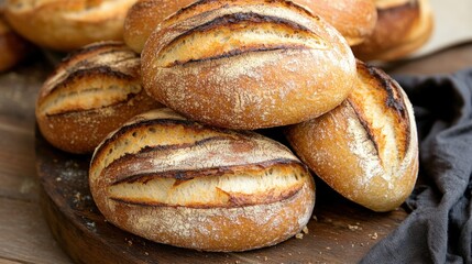 Freshly baked artisanal bread loaves stacked on a rustic wooden table