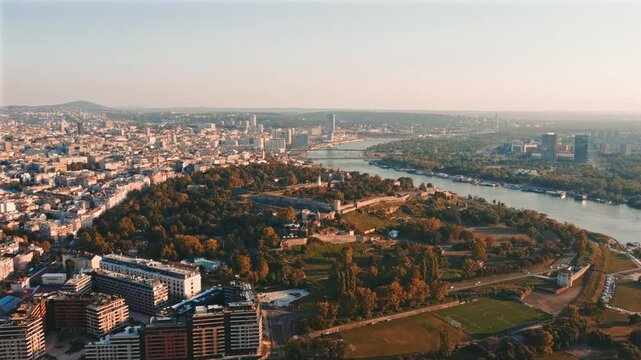 Aerial view of Belgrade rivers and cityscape, Serbia.