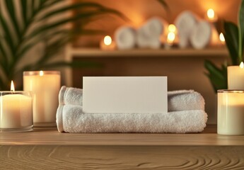 Blank card on spa towels with candles. (1)