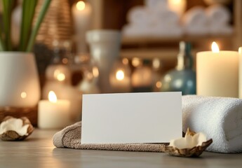 Blank card on spa towels with candles.