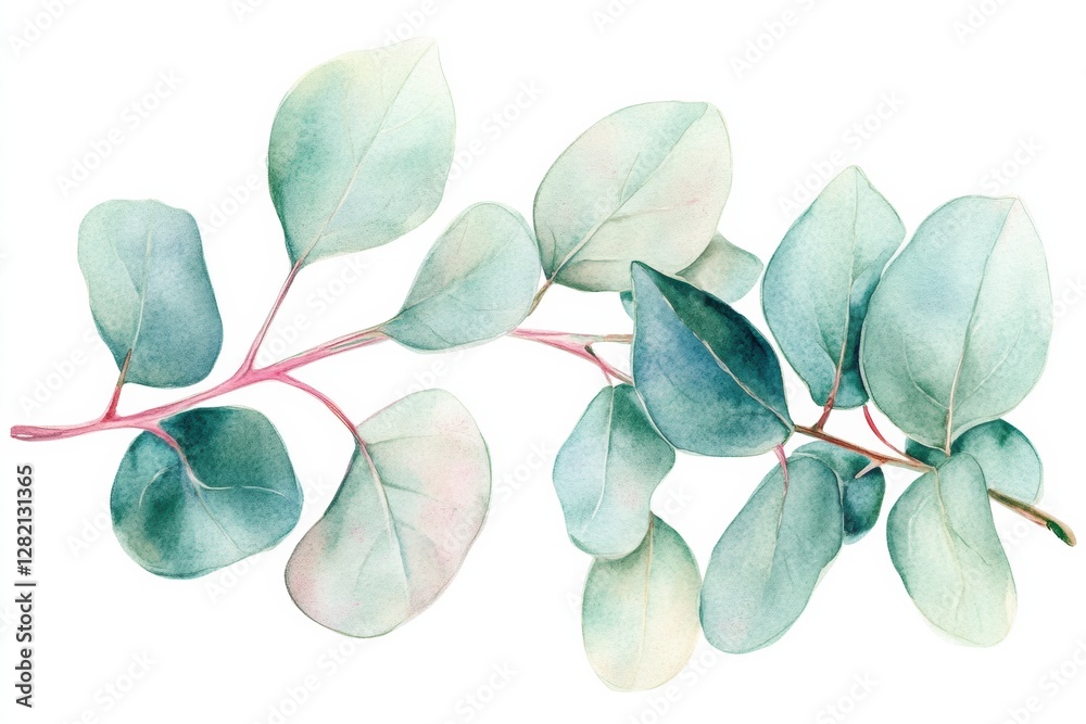 Poster watercolor depiction of eucalyptus leaves showcasing their delicate structure and soft colors in sub