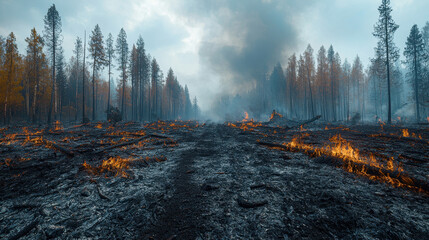 Forest devastated by wildfire with charred trees and ash-covered ground illustrating the aftermath of environmental destruction