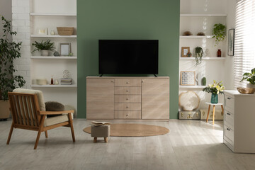 Wide TV set on wooden cabinet near sage color wall in room. Interior design