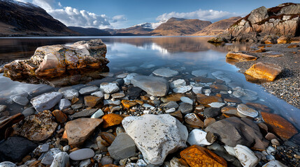 Obraz premium Calm lochside rocks, mountain reflection, Scotland