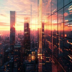 Sunrise city skyline reflected in modern skyscraper