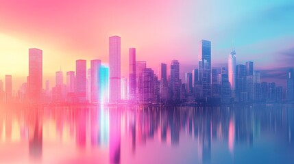 Obraz premium Futuristic gradient city skyline with holographic towers, vibrant colors shifting from pink to aqua, sleek and dynamic