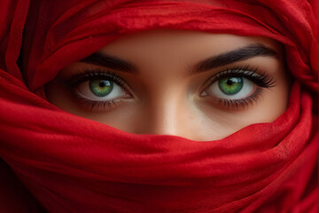Naklejka premium arafed woman with green eyes and red scarf covering her face