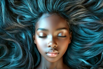 Fototapeta premium Commercial digital ads creative. Long coiffure - gorgeous bush hair. Gorgeous calm black girl - for ads, alley poster and social networks use. Professional black advertising. Model concept.