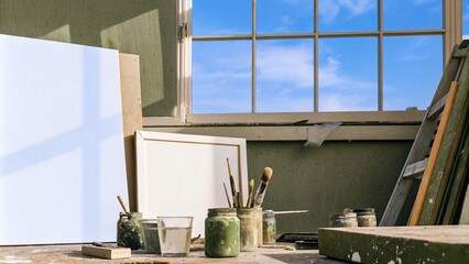 Art studio featuring blank canvases, brushes, and paints in natural light with wooden frames, evoking creativity and inspiration