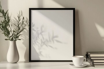Blank frame mockup with coffee, book, and plant.