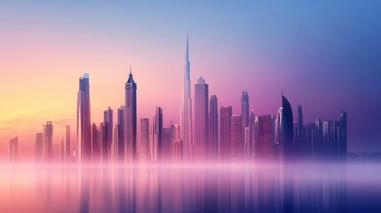 Fototapeta premium Futuristic skyline shrouded in gradient mist, blending from soft lavender to neon pink, mysterious and sleek