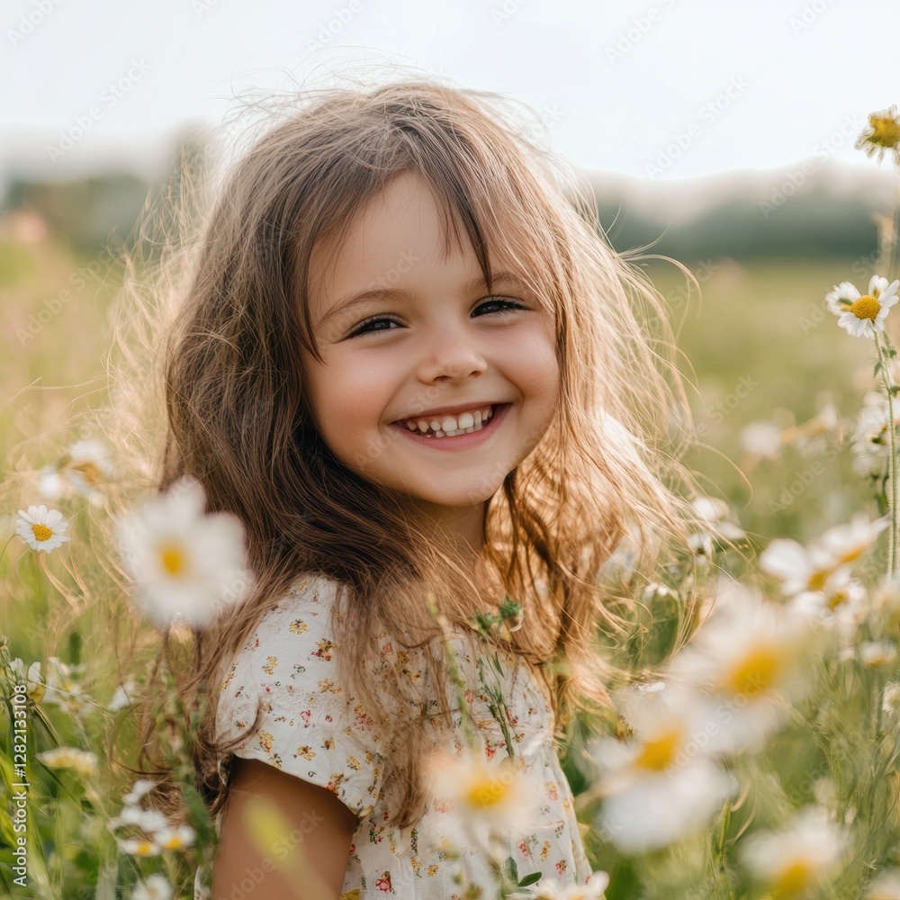 Poster child with wavy hair joyfully smiling in a flower field during golden hour. generative ai