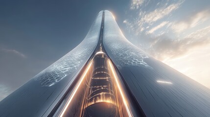 Futuristic skyscraper glowing with holographic patterns, sleek and towering, urban and sci-fi