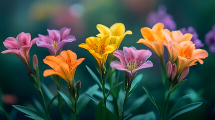 Obraz premium A vibrant display of freesia flowers in a garden, their bright colors adding a cheerful touch to the scene