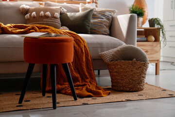 Stylish living room interior with comfortable sofa and ottoman