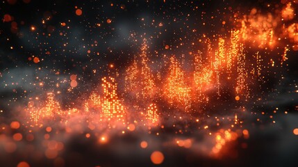 Fototapeta premium Abstract glowing orange cityscape under dark cloudy sky use for fantasy project