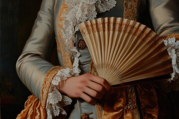 Portrait of a man in Rococo - style clothing, holding a fan and adorned with lace details and ribbons