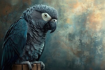 Obraz premium A close-up of a blue gray parrot perched on a wooden stump against a textured background.