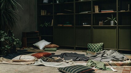 Bohemian living room showing pillows on the floor, bookshelves, plants, and rugs, creating a cozy and inviting atmosphere