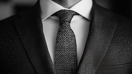 A close-up of a man wearing a stylish black suit and patterned tie.