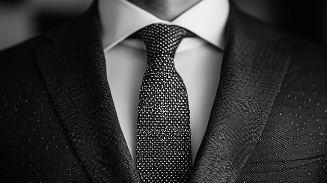 A close-up of a man wearing a stylish black suit and patterned tie.