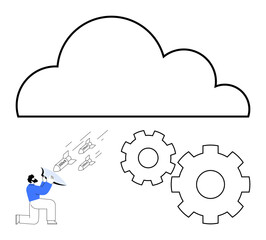User sending data to the cloud using megaphone, data flows towards cloud icon, gears indicating system integration. Ideal for technology, cloud services, data storage, IT solutions, digital
