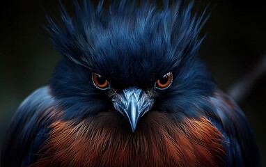 A striking close-up of a blue bird with vibrant orange accents and intense eyes.