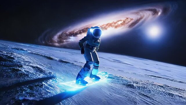 Astronaut snowboarding on an alien planet with a glowing cosmic snowboard and swirling galaxy in the background.