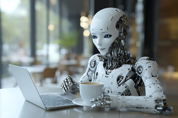 Futuristic AI robot working at a desk with a laptop, analyzing data and drinking coffee