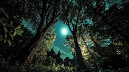 Obraz premium Cartoon-style night forest with tall pine trees, glowing moon