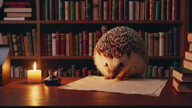 An adorable little hedgehog is writing in a cozy library filled with countless books