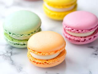 Fototapeta premium Assorted pastel-colored French macarons placed on a marble surface, showcasing delicate texture, elegant patisserie, and a sweet gourmet experience 