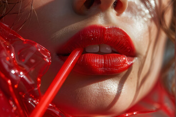 there is a woman with red lipstick and a red plastic straw