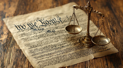 Symbolizing legal fairness, the golden scale of justice stands prominently against a historic constitutional document, reflecting democracy and equality