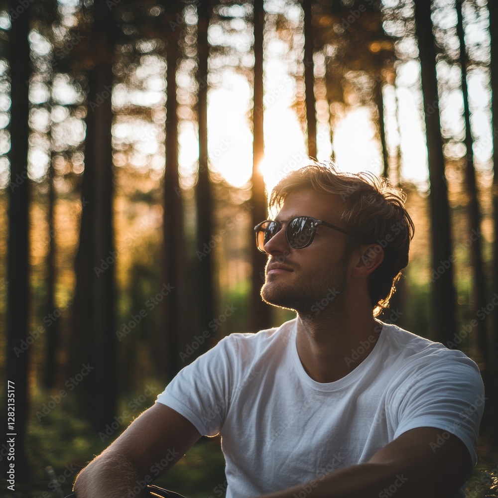 Poster man enjoying sunset in forest with sunglasses while sitting on the ground surrounded by tall trees. 