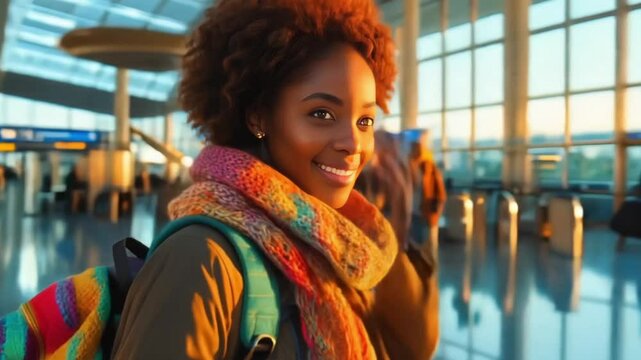 young woman smiling and holding backpack on shoulder standing confidently in busy airport waiting for her next adventure,