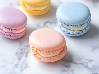 Assorted pastel-colored French macarons placed on a marble surface, showcasing delicate texture, elegant patisserie, and a sweet gourmet experience  

