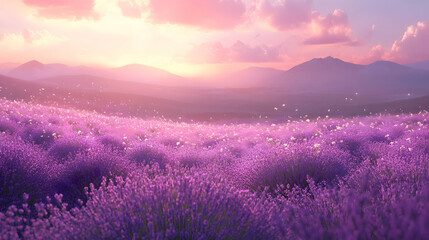 Obraz premium A vibrant field of lavender flowers swaying in the breeze, with a clear sky and soft mountains in the background