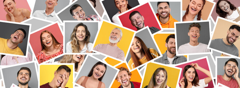 Different people laughing on colorful backgrounds, collage of photos