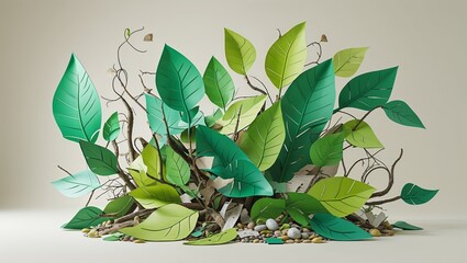 Paper Leaves with Twigs in a Pot, artistic nature still life with handmade green foliage